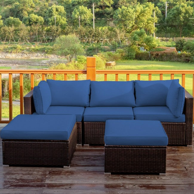 5 Pieces Outdoor Rattan Sectional Conversation Sofa Set Patio Furniture Sets with Cushion and Ottoman