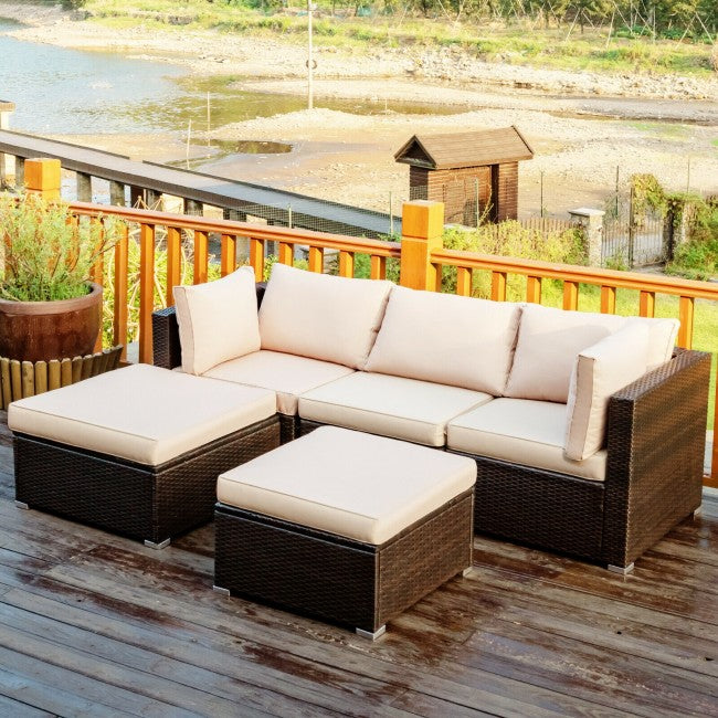 5 Pieces Outdoor Rattan Sectional Conversation Sofa Set Patio Furniture Sets with Cushion and Ottoman