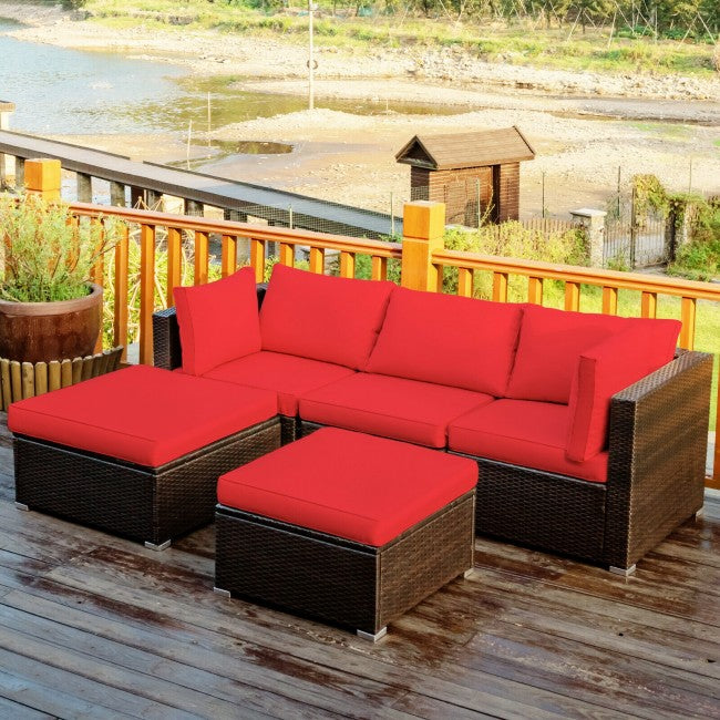 5 Pieces Outdoor Rattan Sectional Conversation Sofa Set Patio Furniture Sets with Cushion and Ottoman