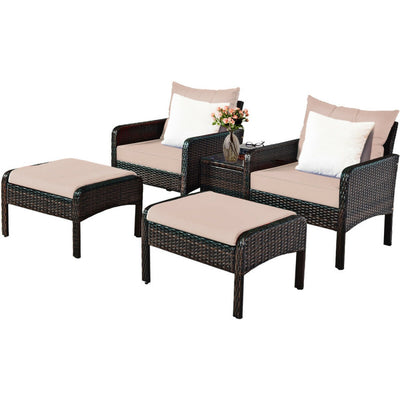 5 Pieces Patio Rattan Furniture Set Outdoor Conversation Set All Weather Sofa Sets with Cushions and Coffee Table