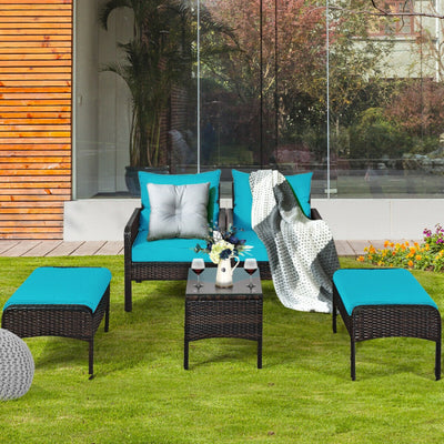 5 Pieces Patio Rattan Furniture Set Outdoor Conversation Set All Weather Sofa Sets with Cushions and Coffee Table