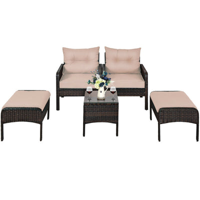 5 Pieces Patio Rattan Furniture Set Outdoor Conversation Set All Weather Sofa Sets with Cushions and Coffee Table