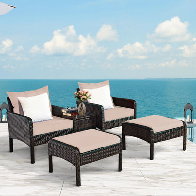 5 Pieces Patio Rattan Furniture Set Outdoor Conversation Set All Weather Sofa Sets with Cushions and Coffee Table