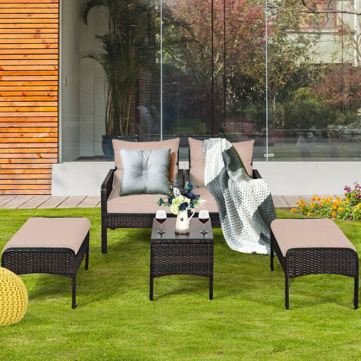 5 Pieces Patio Rattan Furniture Set Outdoor Conversation Set All Weather Sofa Sets with Cushions and Coffee Table