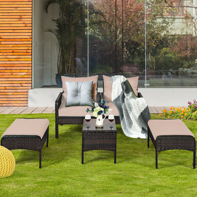 5 Pieces Patio Rattan Furniture Set Outdoor Conversation Set All Weather Sofa Sets with Cushions and Coffee Table