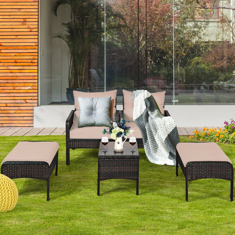 5 Pieces Patio Rattan Furniture Set Outdoor Conversation Set All Weather Sofa Sets with Cushions and Coffee Table