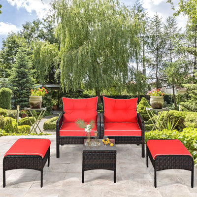 5 Pieces Patio Rattan Furniture Set Outdoor Conversation Set All Weather Sofa Sets with Cushions and Coffee Table