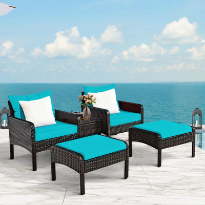 5 Pieces Patio Rattan Furniture Set Outdoor Conversation Set All Weather Sofa Sets with Cushions and Coffee Table