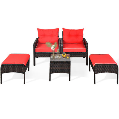 5 Pieces Patio Rattan Furniture Set Outdoor Conversation Set All Weather Sofa Sets with Cushions and Coffee Table