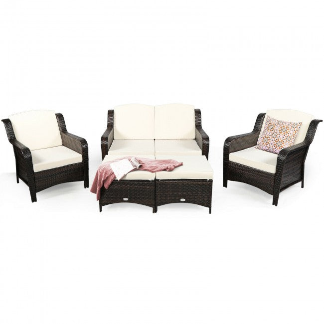 5 Pieces Patio Rattan Sofa Set outdoor conversation set with Cushion and Ottoman