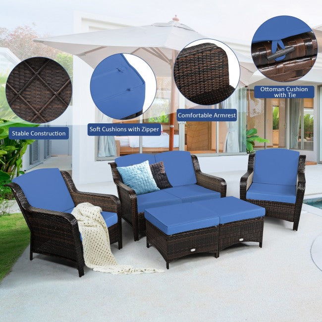 5 Pieces Patio Rattan Sofa Set outdoor conversation set with Cushion and Ottoman