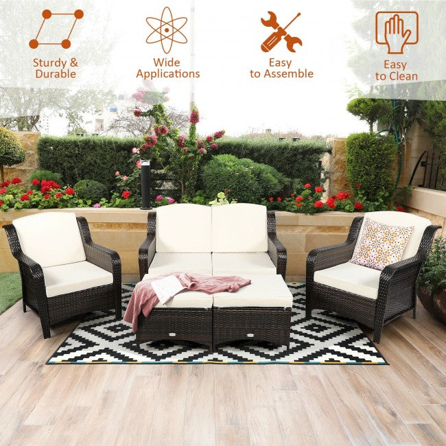 5 Pieces Patio Rattan Sofa Set outdoor conversation set with Cushion and Ottoman