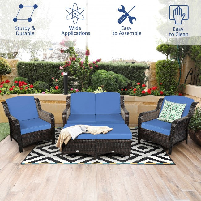 5 Pieces Patio Rattan Sofa Set outdoor conversation set with Cushion and Ottoman