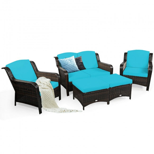 5 Pieces Patio Rattan Sofa Set outdoor conversation set with Cushion and Ottoman