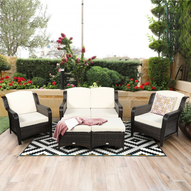 5 Pieces Patio Rattan Sofa Set outdoor conversation set with Cushion and Ottoman