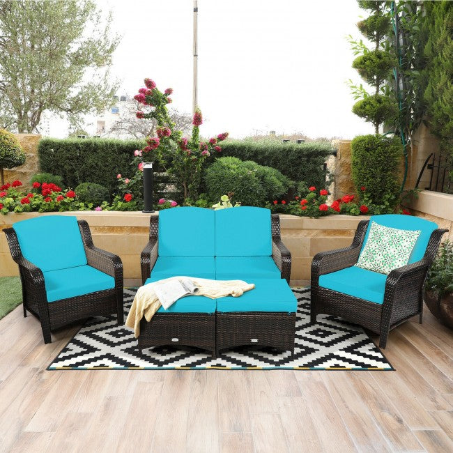 5 Pieces Patio Rattan Sofa Set outdoor conversation set with Cushion and Ottoman