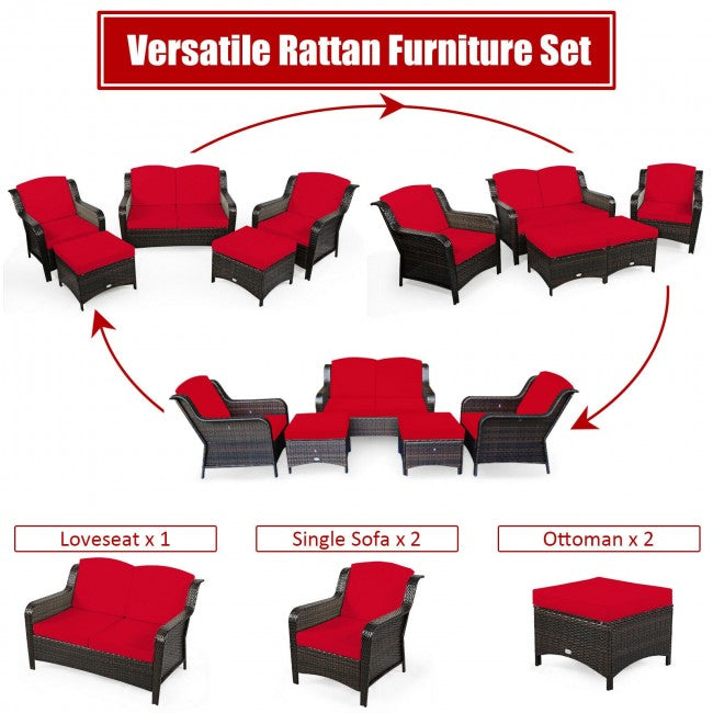 5 Pieces Patio Rattan Sofa Set outdoor conversation set with Cushion and Ottoman