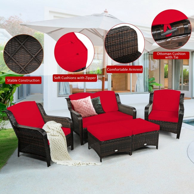 5 Pieces Patio Rattan Sofa Set outdoor conversation set with Cushion and Ottoman