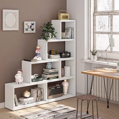 5 Tier Wooden Storage Bookshelf L Shaped Freestanding Ladder Corner Bookcase Display Shelf with 6 Cubes for Home Office