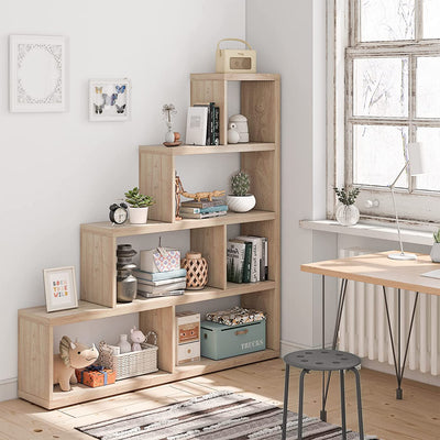 5 Tier Wooden Storage Bookshelf L Shaped Freestanding Ladder Corner Bookcase Display Shelf with 6 Cubes for Home Office