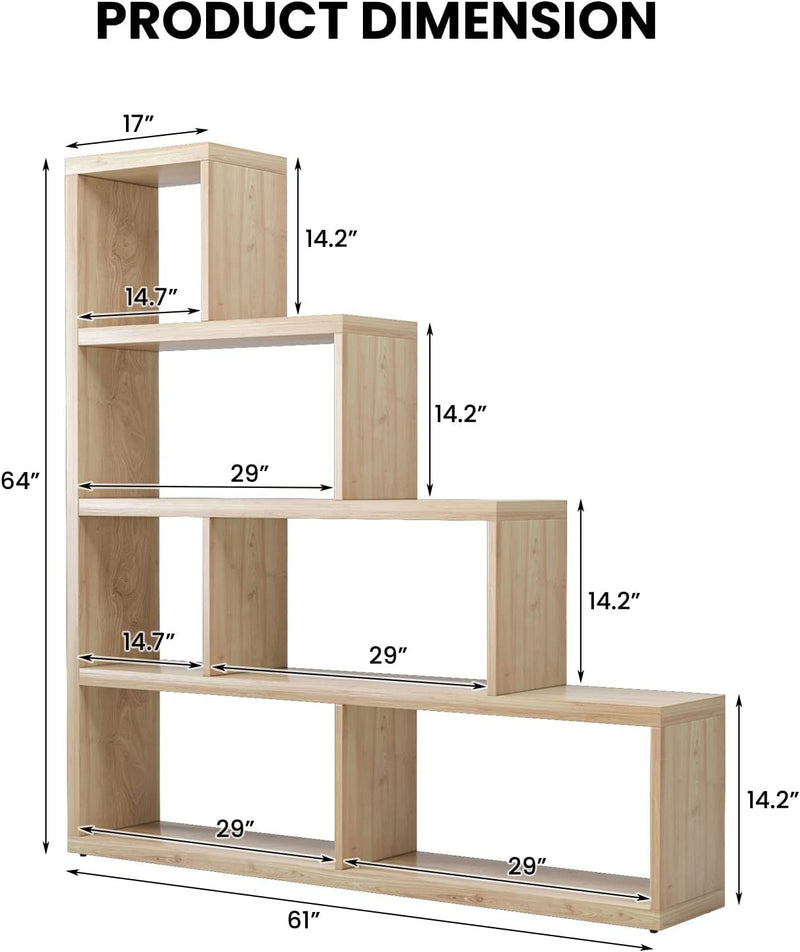 5 Tier Wooden Storage Bookshelf L Shaped Freestanding Ladder Corner Bookcase Display Shelf with 6 Cubes for Home Office