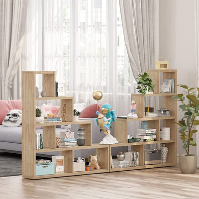 5 Tier Wooden Storage Bookshelf L Shaped Freestanding Ladder Corner Bookcase Display Shelf with 6 Cubes for Home Office