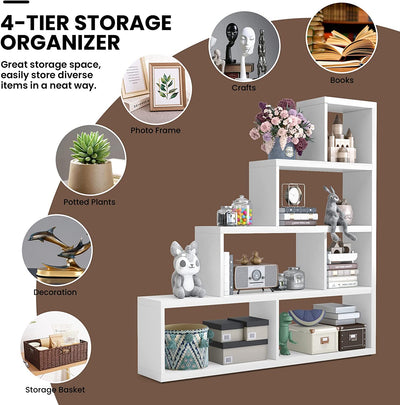 5 Tier Wooden Storage Bookshelf L Shaped Freestanding Ladder Corner Bookcase Display Shelf with 6 Cubes for Home Office