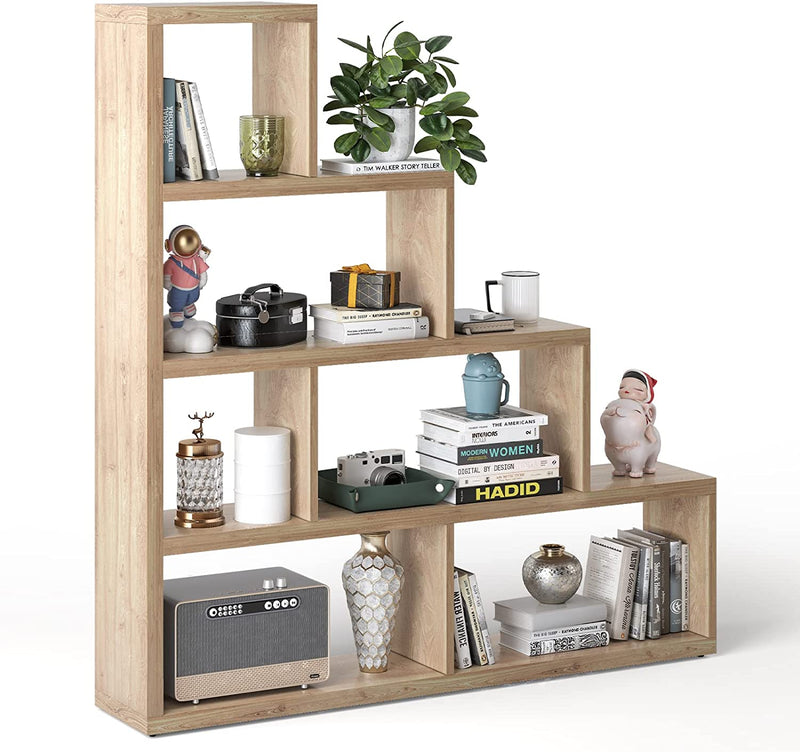 5 Tier Wooden Storage Bookshelf L Shaped Freestanding Ladder Corner Bookcase Display Shelf with 6 Cubes for Home Office