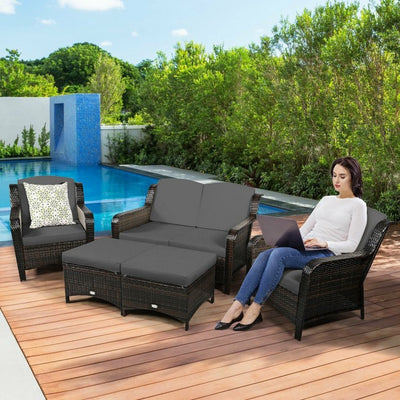 5 Pieces Patio Rattan Sofa Set outdoor conversation set with Cushion and Ottoman