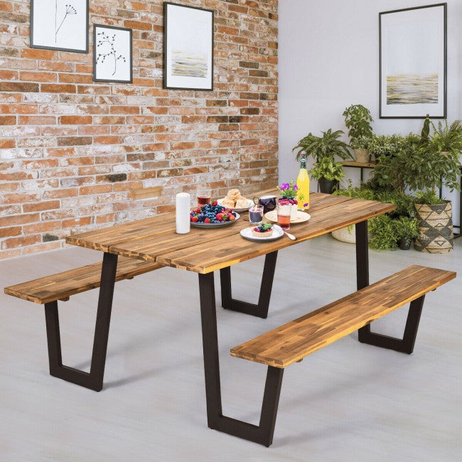 70 Inch Outdoor Dining Table Set Picnic Table Bench Set with Umbrella Hole and Metal Frame