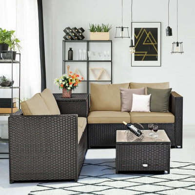 4 Pieces Outdoor Rattan Furniture Set Patio Wicker Conversation Sofa Set with Cushion and Table