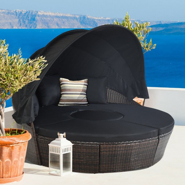 Outdoor Wicker Furniture Sets Patio Round Rattan Daybed With Retractable Canopy