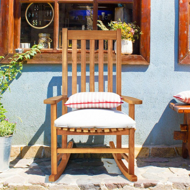 Oversized Wooden Porch Rocking Chair High Back Slat Reclining Seat