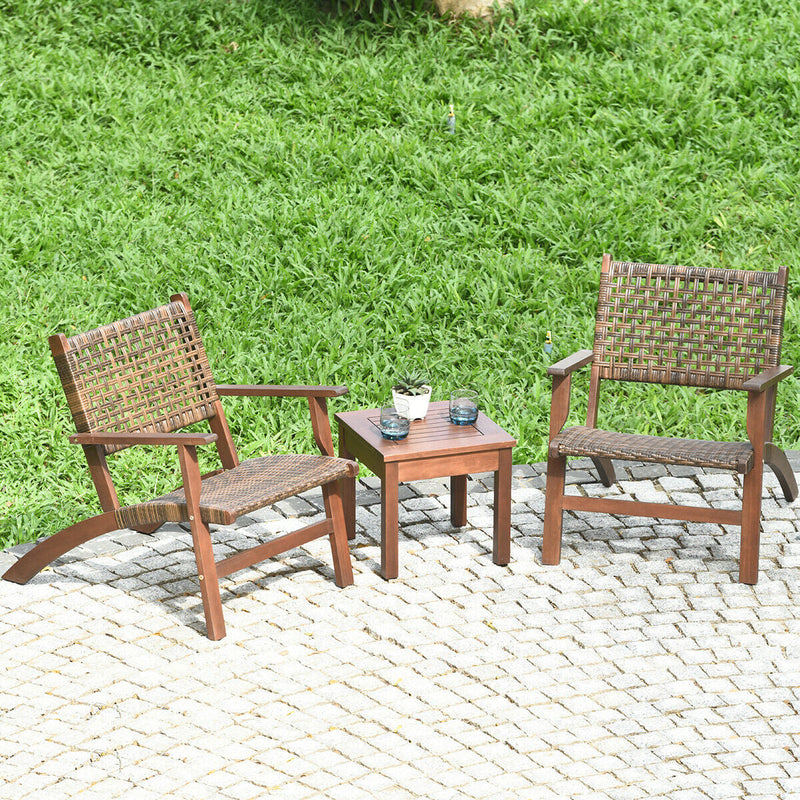 3 Pieces Outdoor Wooden Patio Rattan Furniture Set
