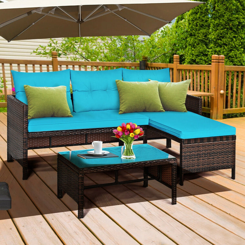 3 Piece Outdoor Patio Corner Rattan Sofa Set