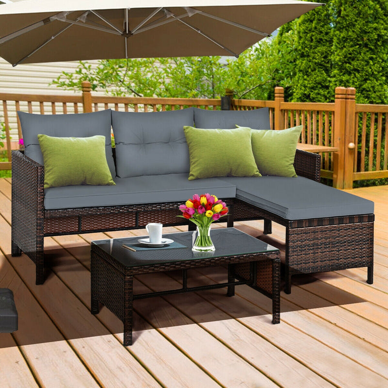 3 Piece Outdoor Patio Corner Rattan Sofa Set