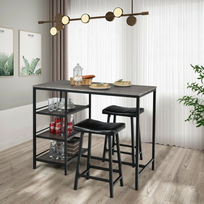 3 Pieces Dining Table Set with Pub Counter Height and Storage Shelves