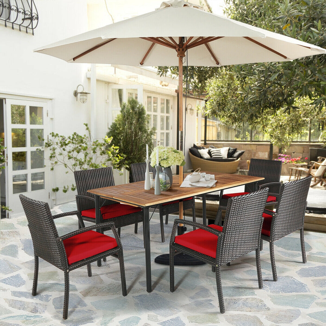 7 Pieces Patio Rattan Cushioned Dining Set with Umbrella Hole