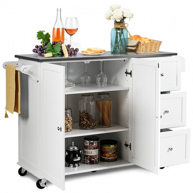 Kitchen Island Cart Rolling Trolley 2-Door Storage Cabinet with Adjustable Shelves and 3 Drawers