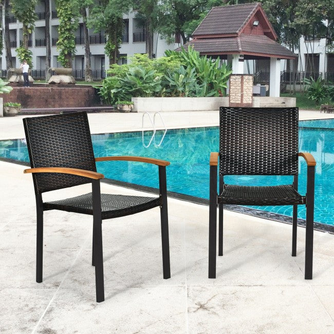 4 Pieces Outdoor Stackable Rattan Chair Patio Dining Armchair with Acacia-Topped Armrests