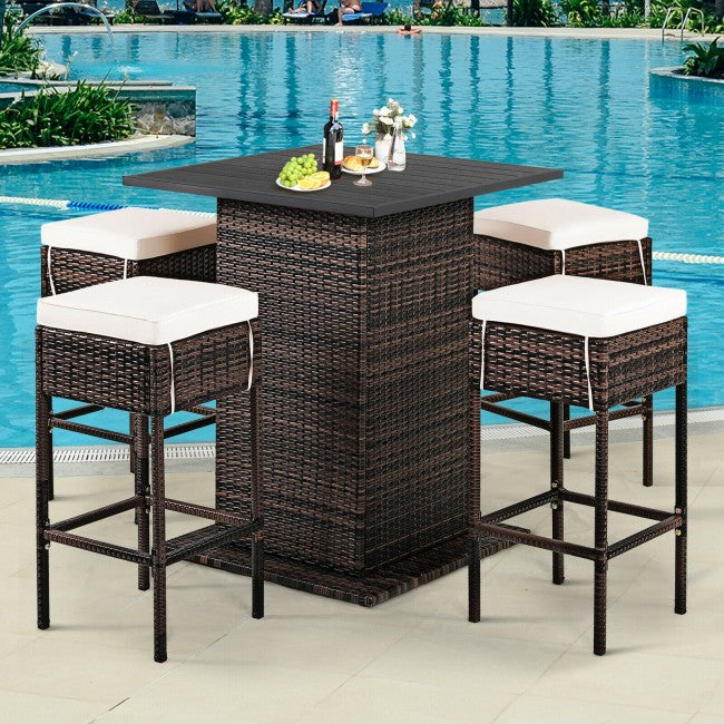 5 Piece Outdoor Rattan Conversation Bistro Set Patio Bar Furniture Set with 4 Cushions Stools and Smooth Top Table