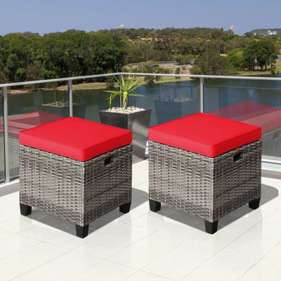 2 Pieces Patio Rattan Ottomans Seat Outdoor Footstool Footrest with Removable Cushions