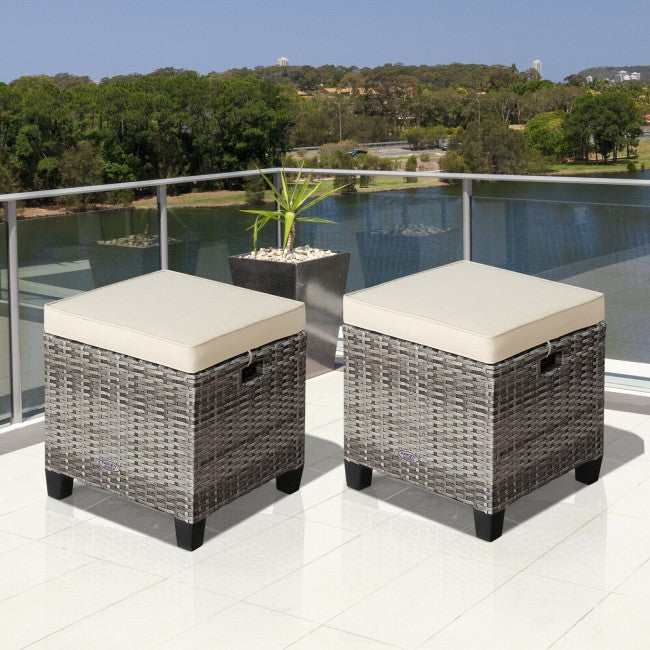 2 Pieces Patio Rattan Ottomans Seat Outdoor Footstool Footrest with Removable Cushions