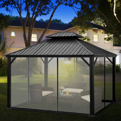 12' x 10' Outdoor Hardtop Gazebo Patio Galvanized Steel Pergolas Canopy Pavilion with Double Roof and Netting