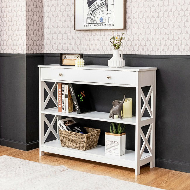 3-Tier Side Console Table Entryway Table Narrow Accent Table with Drawer and Storage Shelves