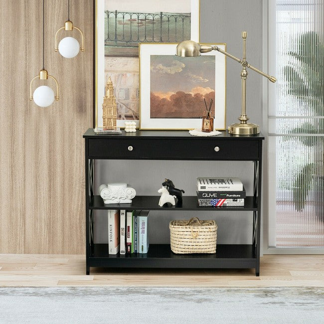 3-Tier Side Console Table Entryway Table Narrow Accent Table with Drawer and Storage Shelves