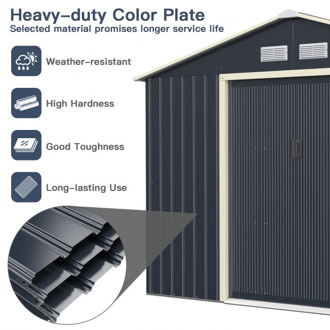9 x 6 FT Outdoor Metal Storage Shed Organizer Patio Garden Steel Tool House with 2 Sliding Doors and 4 Vents
