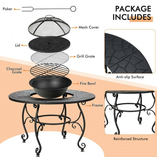 35.5" Multifunctional Outdoor Portable Fire Pit Patio Fireplace Dining Table with BBQ Grill and Log Grate