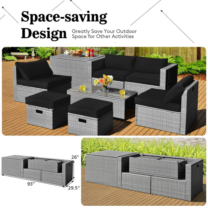 8 Pieces Patio Cushioned Rattan Furniture Set with Storage Waterproof Cover and Space-Saving Design