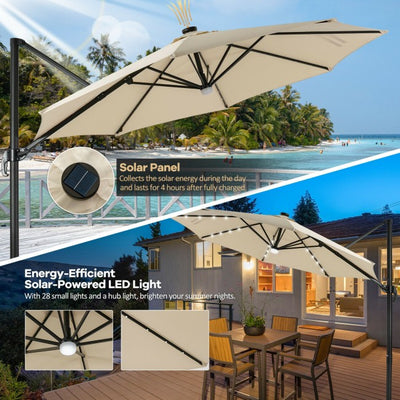 10ft Patio Cantilever Umbrella Outdoor Hanging Offset Umbrella with Solar LED Lights and 360-Degree Rotation